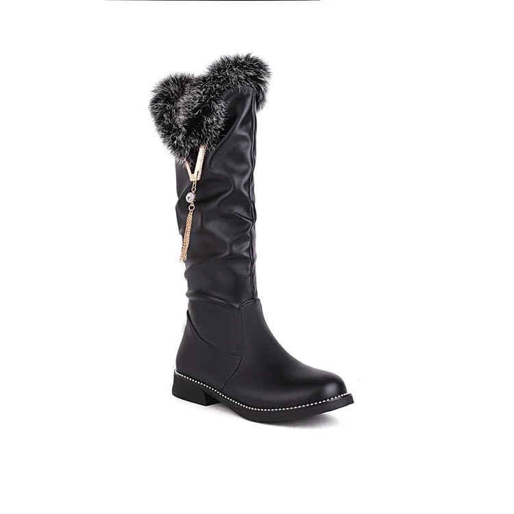 Women's  Zipper Fur Low Heel Mid Calf Boots