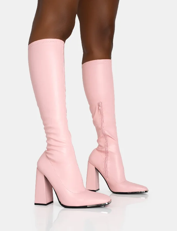 Caryn Baby Pink Pu Knee High Block Heeled Boots