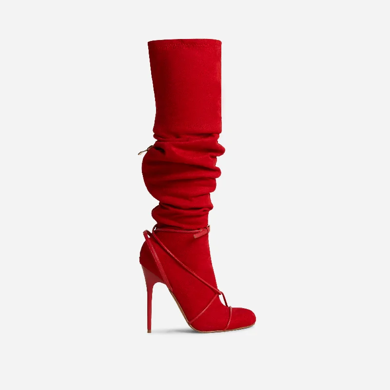 Come-Through Twisted Strap Detail Over The Knee Thigh High Long Stiletto Heel Boot In Red Faux Suede