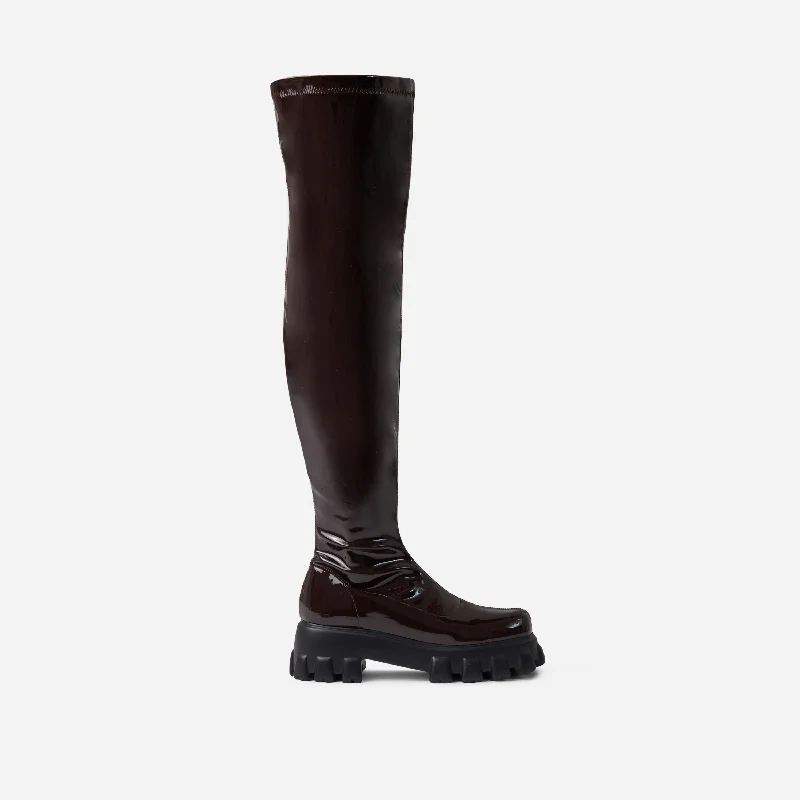 Halle Chunky Sole Over The Knee Thigh High Long Biker Boot In Dark Brown Patent