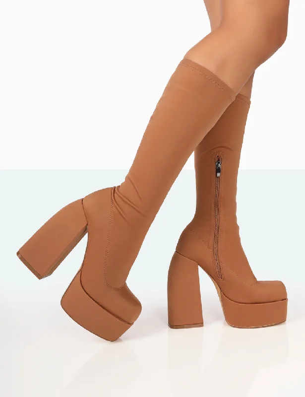 Jayce Tan Nylon Chunky Square Toe Platform Block Boots