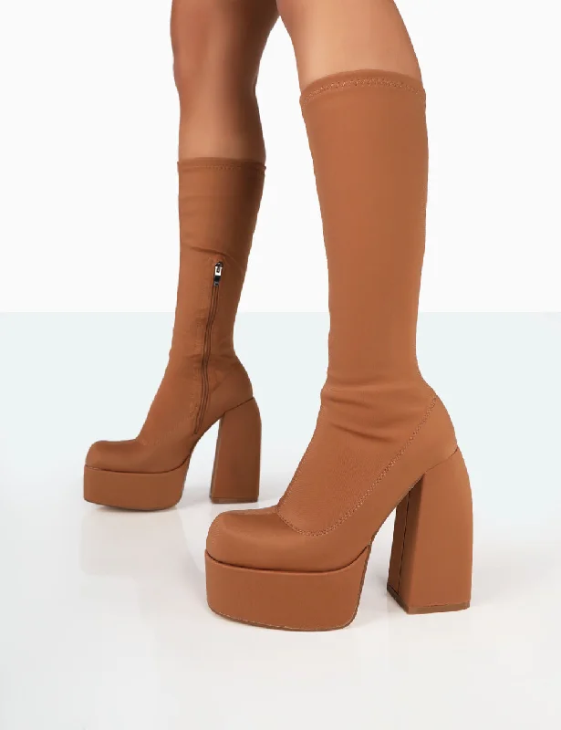 Jayce Tan Nylon Chunky Square Toe Platform Block Boots