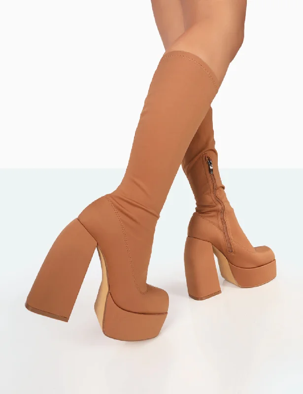 Jayce Tan Nylon Chunky Square Toe Platform Block Boots