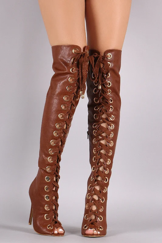 Grommets Lace-Up Stiletto Over-The-Knee Boots