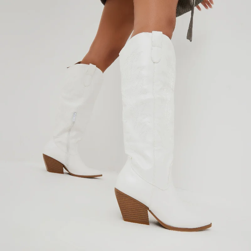 Wild-West Embroidered Detail Pointed Toe Knee High Long Western Cowboy Boot In White Faux Leather