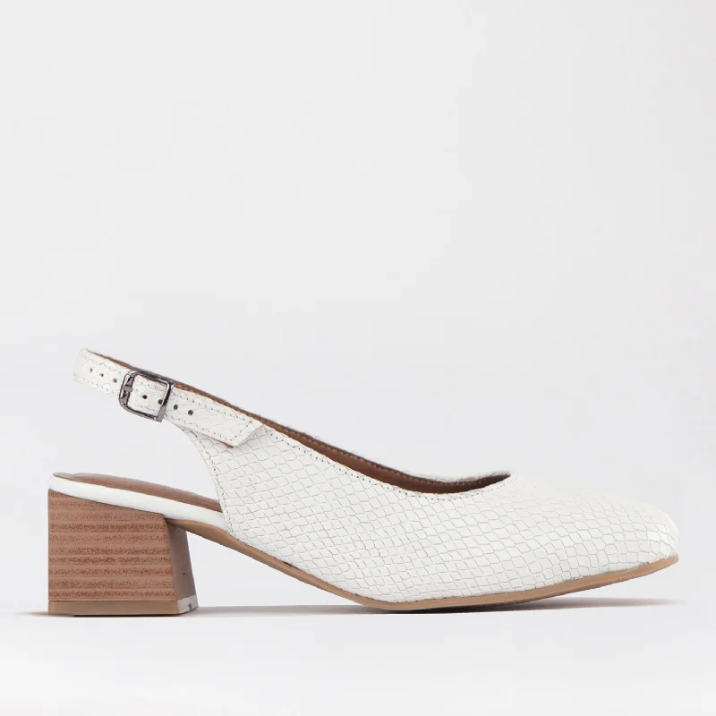 Block Heel Square Toe Slingback in White - 12595