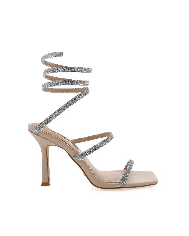 Simi Ankle Strap Heel in Nude Silver