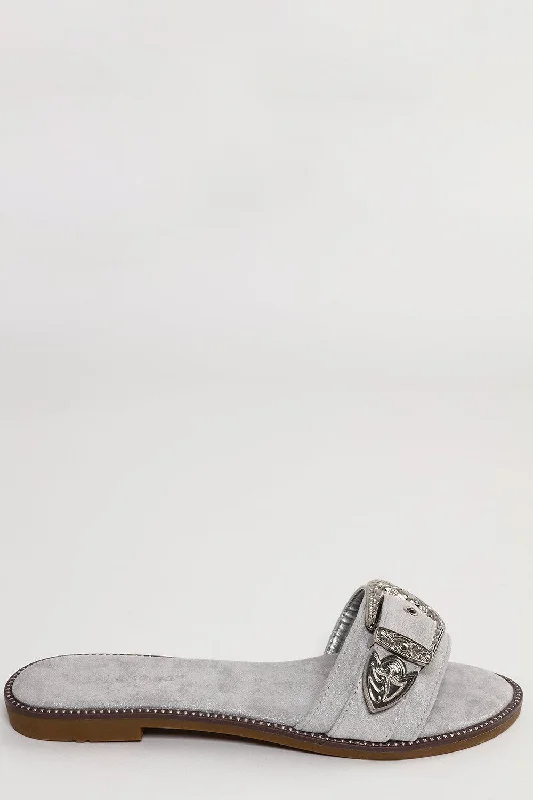 Silver Buckle Grey Flat Sandals