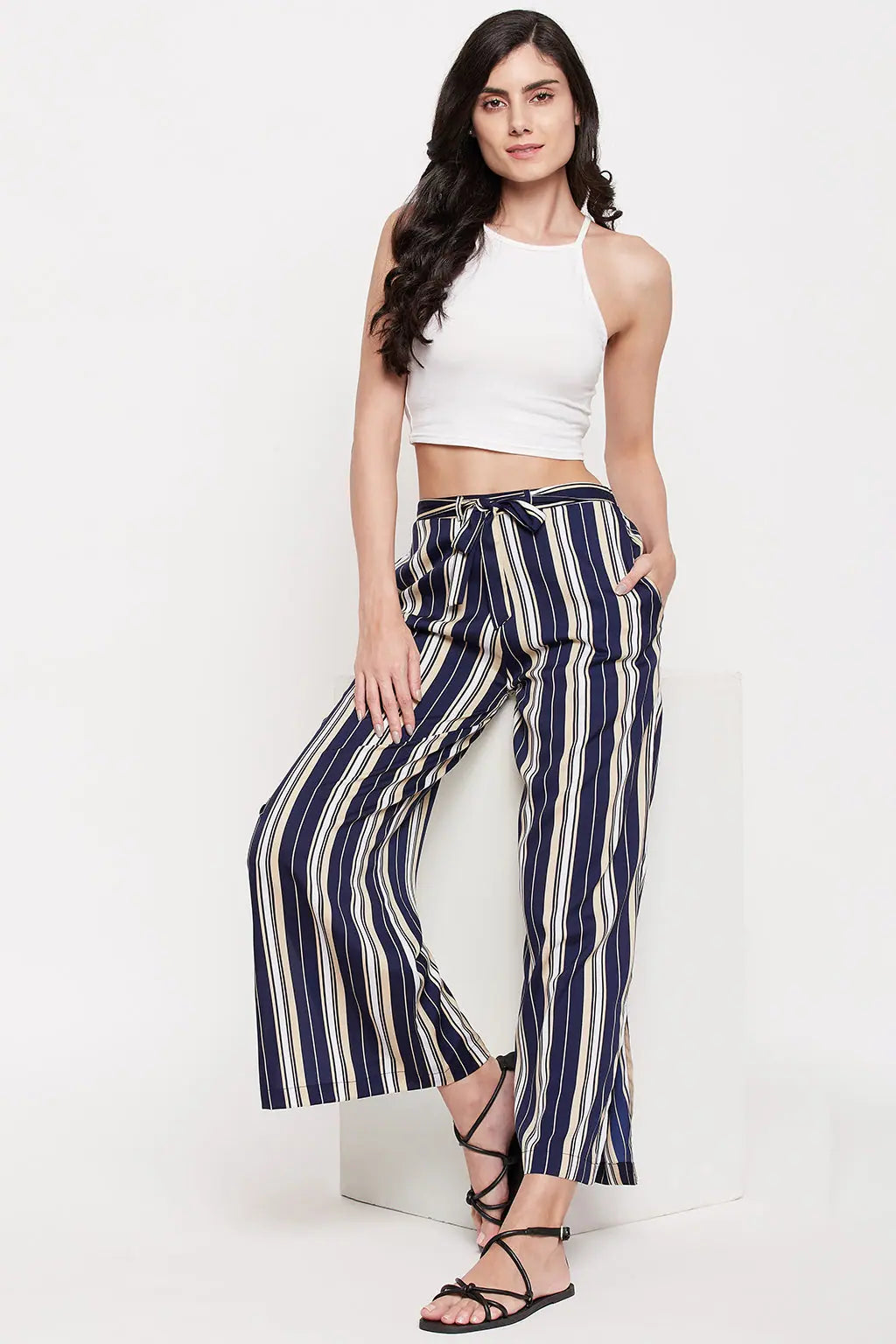 Sassy Stripes Flared Pants in Navy - Crepe