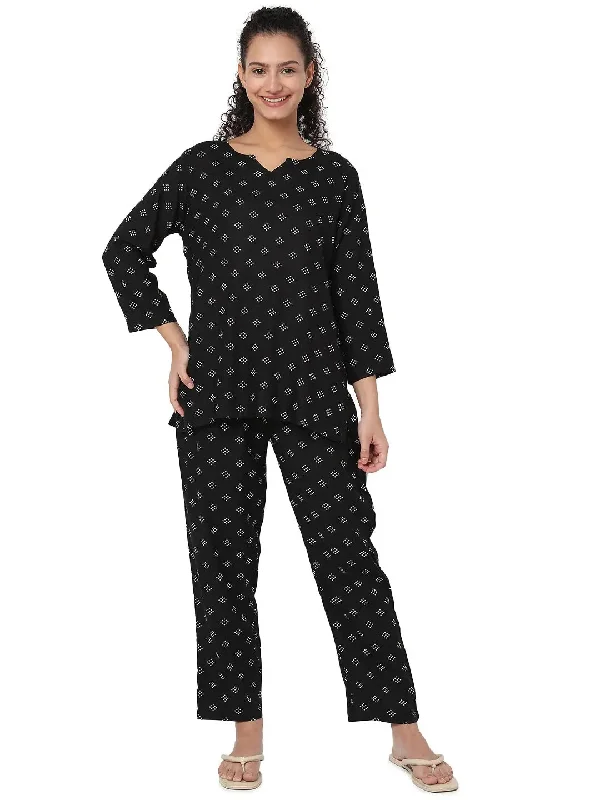 Smarty Pants Women's Cotton Black Color Polka Dot Print Night Suit