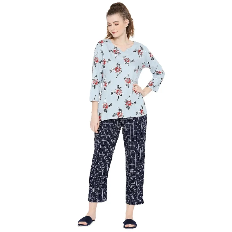 Smarty Pants Women's Cotton Checks & Floral Print Night Suit-SMNSP-815B-S