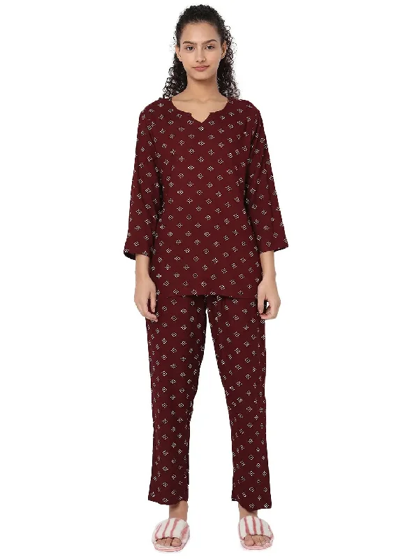 Smarty Pants Women's Cotton Maroon Color Polka Dot Print Night Suit