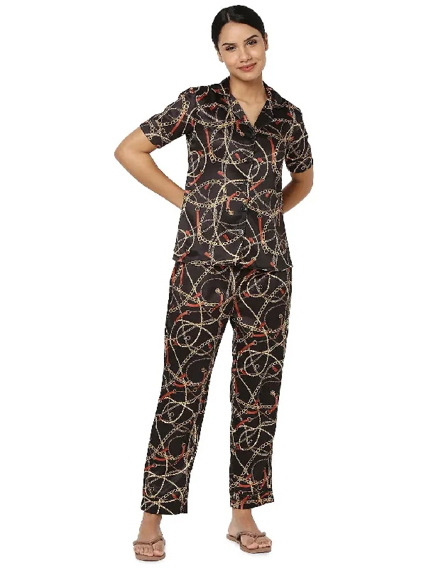 Smarty Pants Women's Silk Satin Black Color Chain Print Night Suit