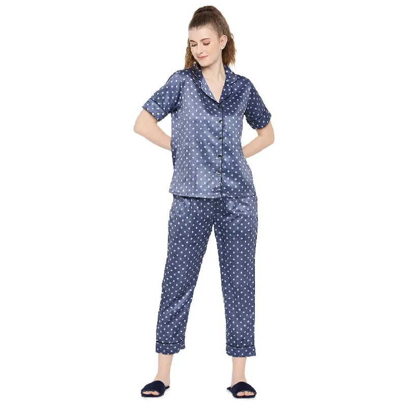 Smarty Pants Women's Silk Satin Blue Color Polka Dot Night Suit