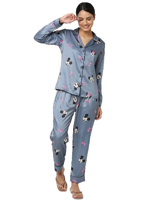 Smarty Pants Women's Silk Satin Grey Color Minnie Mouse Print Full Sleeves Night Suit