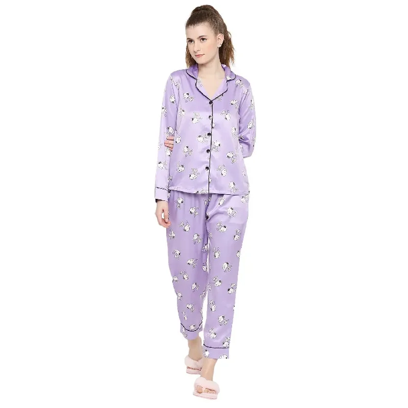 Smarty Pants Women's Silk Satin Lilac Color Snoopy Print Full Sleeves Night Suit