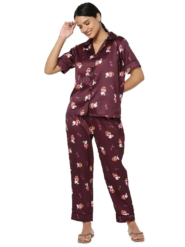 Smarty Pants Women's Silk Satin Maroon Color Dog Print Night Suit