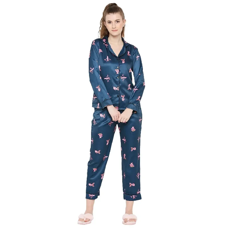 Smarty Pants Women's Silk Satin Teal Blue Color Pink Panther Print Full Sleeves Night Suit