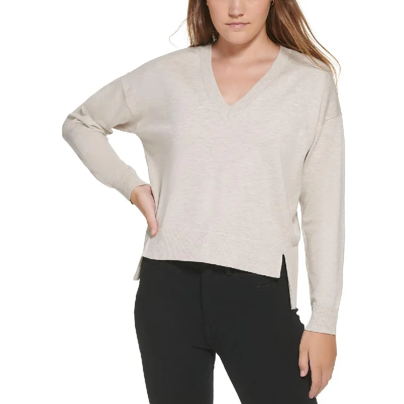 Calvin Klein Jeans Womens Petites Ribbed Trim Hi-Low Pullover Sweater Stretchable sweaters