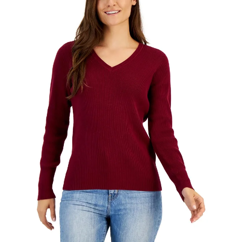 Karen Scott Womens Petites Cotton Ribbed Pullover Sweater Moisture-wicking sweaters