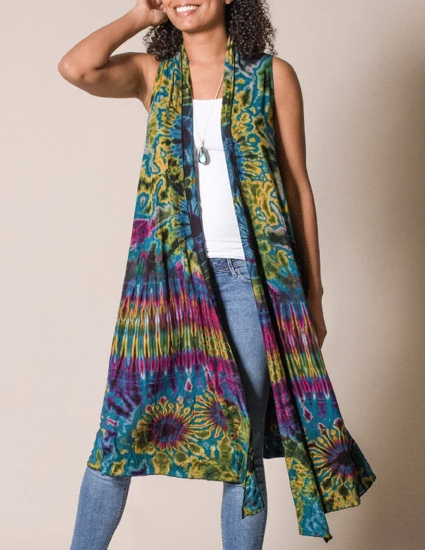 Tie-Dye Long Sleeveless Wrap - Teal Silk-blend sweaters