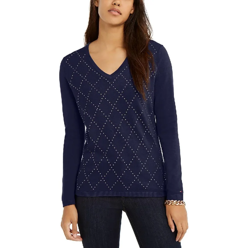 Tommy Hilfiger Womens Cotton Studded Argyle V-Neck Sweater Best sweaters for formal occasions