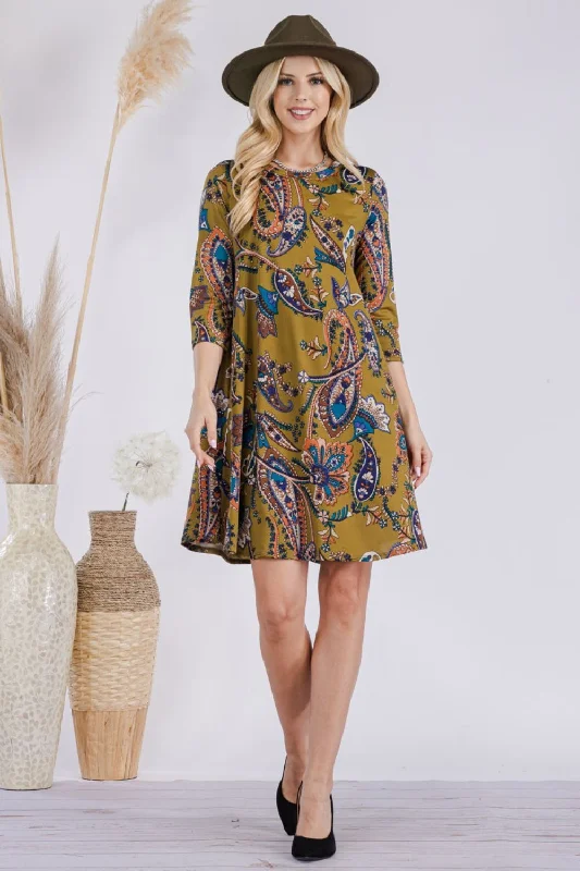 Celeste Full Size Paisley Print Round Neck Dress with Pockets Office mini dresses