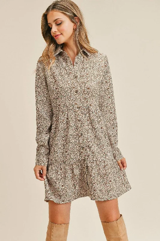 Corduroy Printed Button Down Front Collar Long Sleeve Dress Club mini dresses