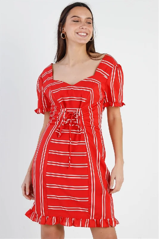 Red Stripe Lace Up Front Detail Ruffle Trim Balloon Sleeve Dress Fashion-forward mini dresses