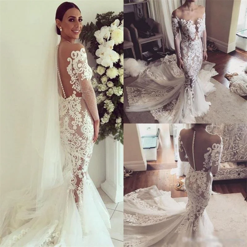 Charming New Arrival Lace Long Sleeves Pretty Fashion Mermaid Popular Wedding Dress, PD0377 Elegant Bridal Gown