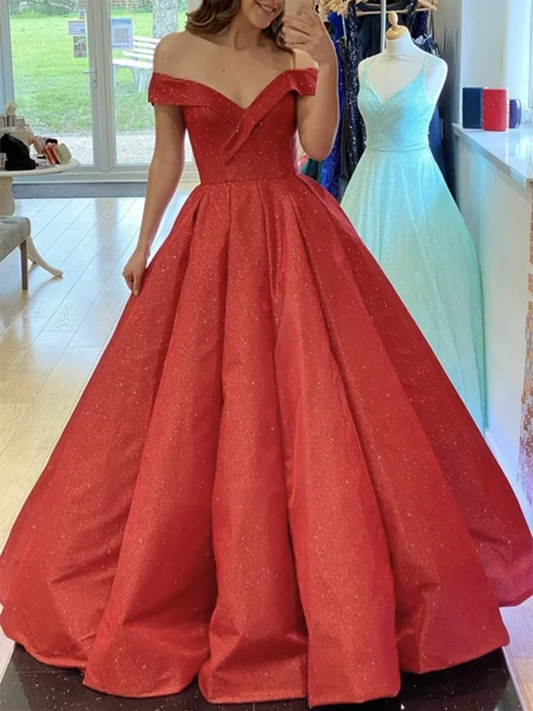 A Line Off Shoulder Red Satin Long Prom Dresses, Off The Shoulder Red Long Formal Evening Dresses Wedding Dress Long