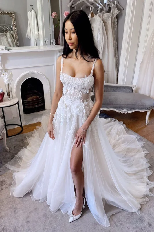 A-line Straps Tulle Lace Appliques Wedding Dresses N074 Satin Bridal Gown