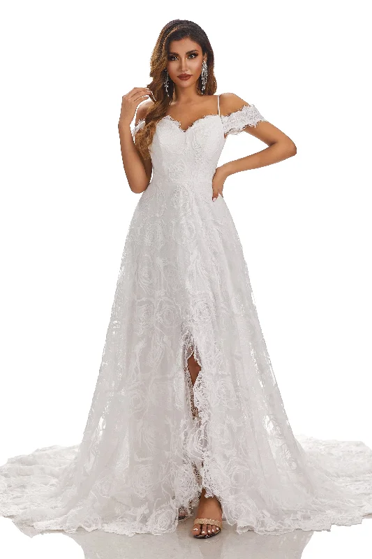 A-Line V-Neck Off-The-Shoulder Wedding Dress With Lace Appliques Vintage Lace Dress