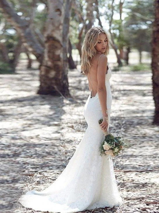 Backless Lace Wedding Dresses V Neck Spaghetti Mermaid Wedding Dress OW671 Romantic Lace Dress