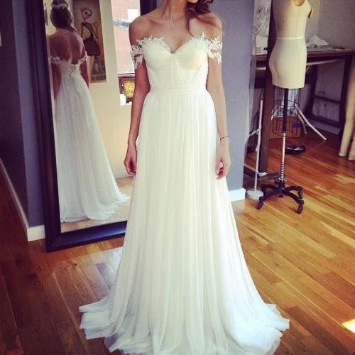 Beach Off Shoulder Lace Appliqued Chiffon Bohemian Wedding Dresses Bridal Gowns, BG51519 Luxury Lace Gown