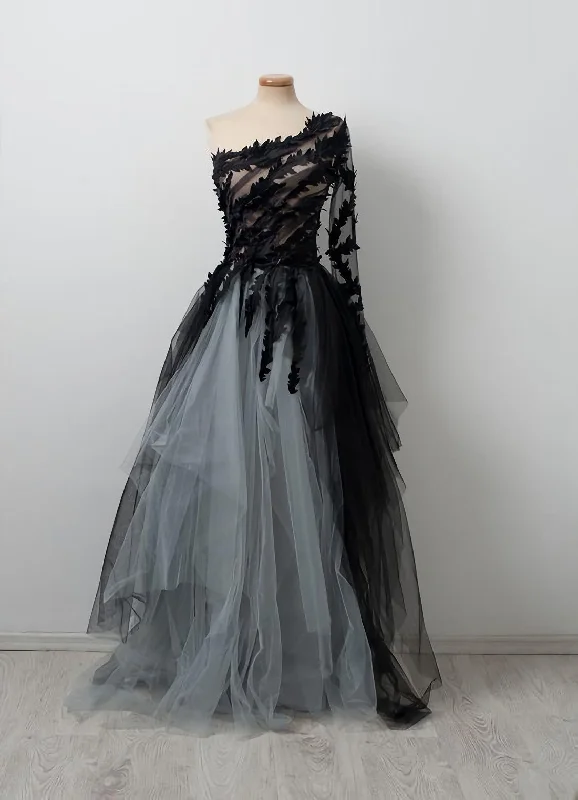 Black Ball Gown Wedding Dresses, Tulle One Shoulder Silk Bridal Dress