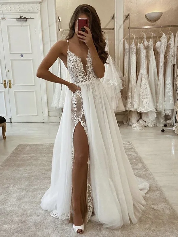 Deep V Neck Ivory Lace Long Wedding Dresses, White Lace Prom Dresses with High Split, Ivory Lace Tulle Long Formal Evening Dresses Mermaid Style Gown