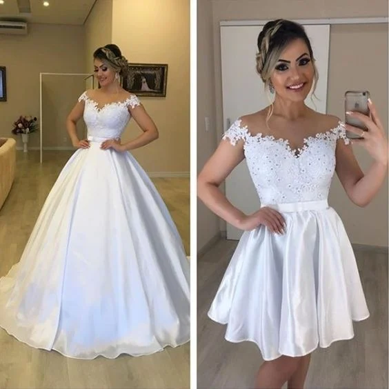 detachable skirt white wedding dresses ball gown satin lace applique elegant cheap wedding gown