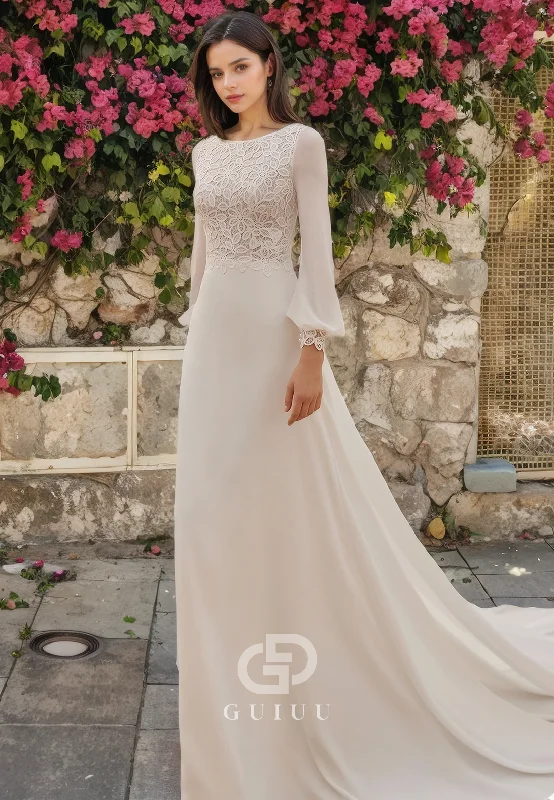 A-Line Scoop Neck Long Sleeves Lace Chiffon Wedding Dress with Train Sleeveless Bridal Gown