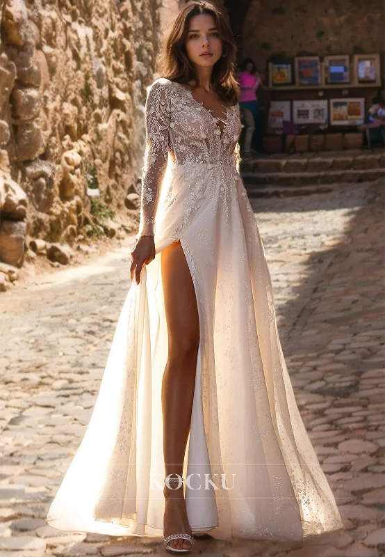 Beach Wedding Dress A-Line V-Neck Long Sleeves High Split Lace Bridal Dress with Train Classic Bridal Gown