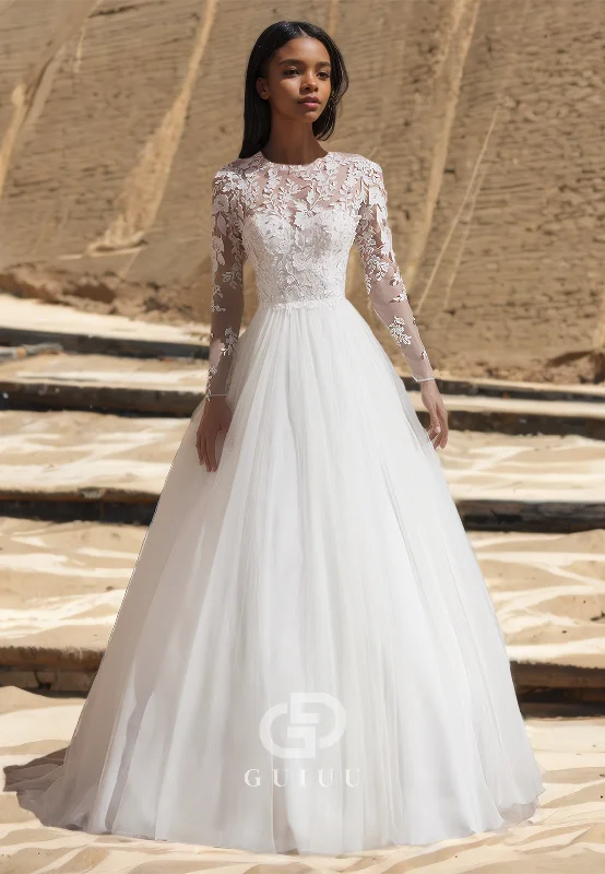 Tulle A-Line Lace Appliques Wedding Dress with Long Sleeves Off-shoulder Wedding Gown