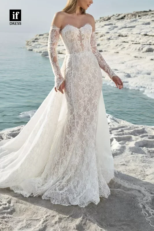 71274 - Exquisite Strapless Lace Appliques Mermaid Beach Weddding Dress with Sleeves Boho Chic Gown