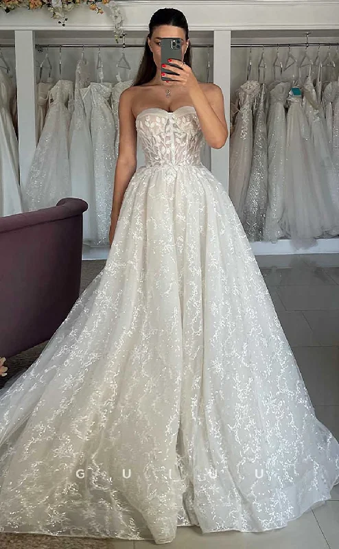 GW814 - A-Line Strapless Sleeveless Appliques Wedding Dress with Court Train Classic Bridal Dress