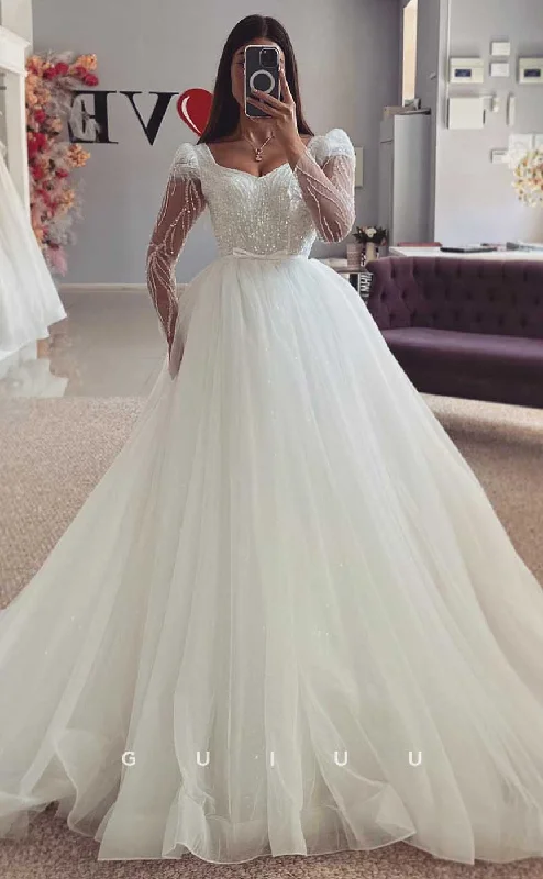 GW815 - Classic & Timeless A-Line Sweetheart Long Sleeves Beaded Court Train Wedding Dress Classic Satin Gown