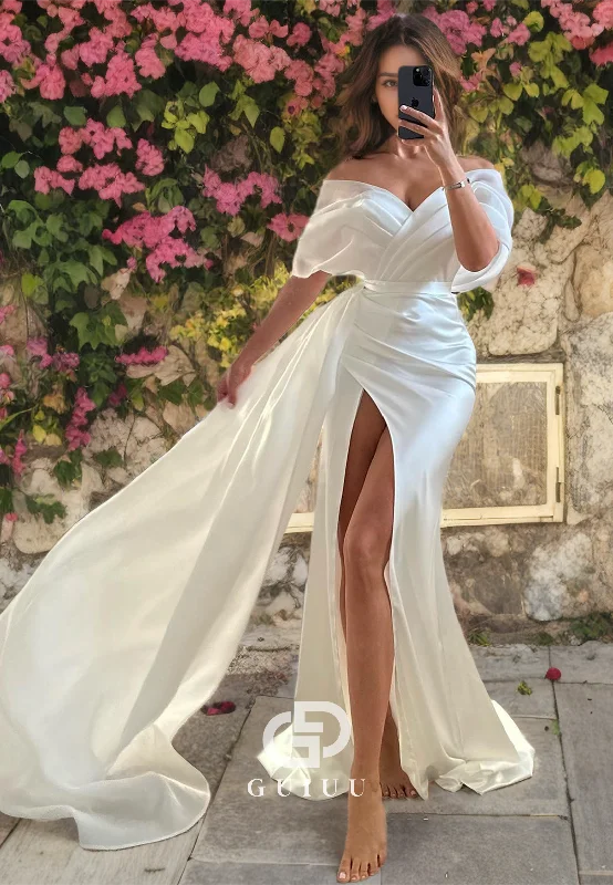 GW816 - Sexy & Hot Off-Shoulder Ruched Stain  Wedding Dress with High Side Slit and Court Train Long Sleeve Gown