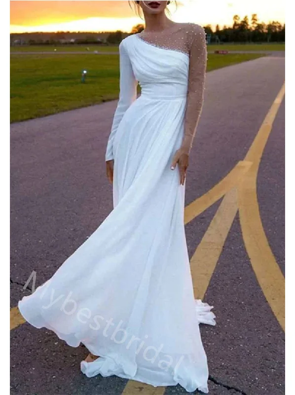 Elegant Long Sleeves Side Slit A-line  Wedding Dresses, WDY0347 Ruffled Wedding Dress