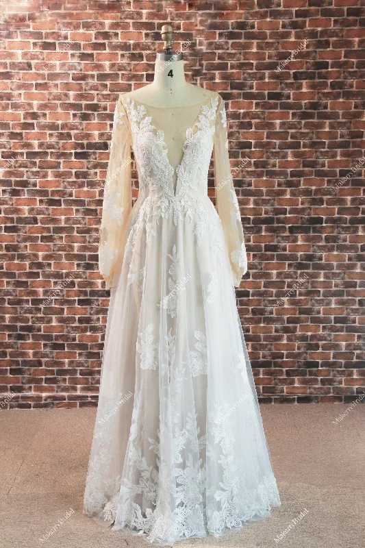 Elegant Princess Long-Sleeve A Line Lace Wedding Dress Sheer Wedding Dress