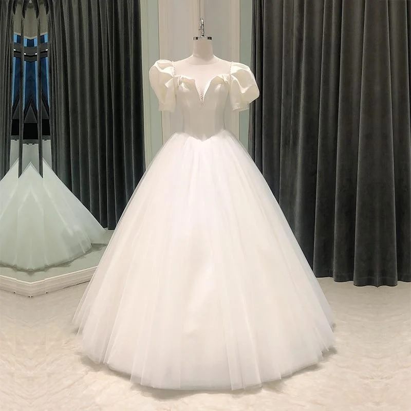 Elegant Satin Puff Sleeve Beads Ball Gown Simple Wedding Dress