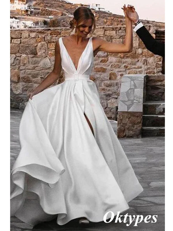 Elegant Spaghetti Straps Deep V-Neck Sleeveless A-Line Long Wedding Dresses With Split,WDS0142 Vintage Wedding Gown