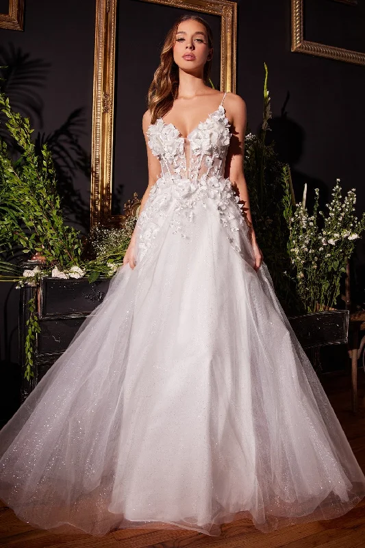 Floral Applique A-Line Tulle Bridal Gown By Cinderella Divine -CM321W Crystal Wedding Dress